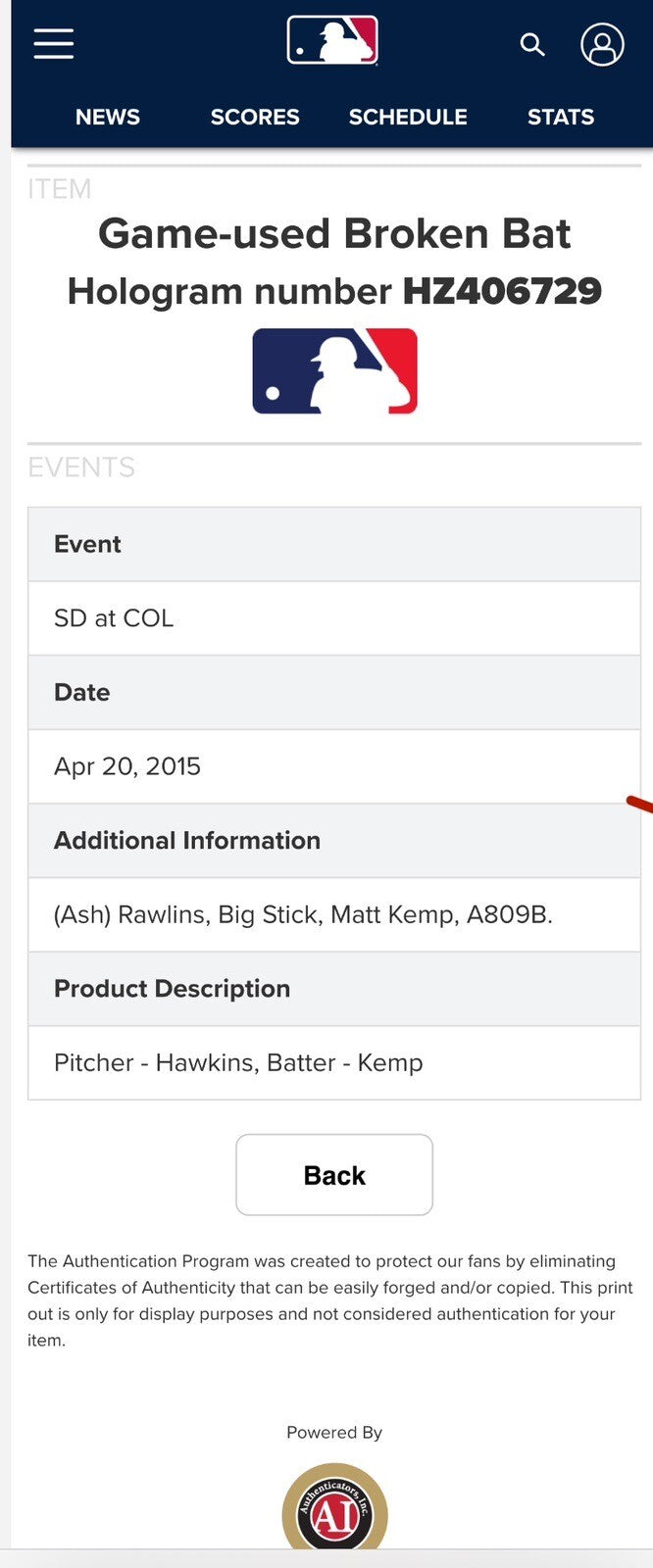 Matt Kemp San Diego Padres Game Used Bat “Career HR 183” Matched MLB Auth