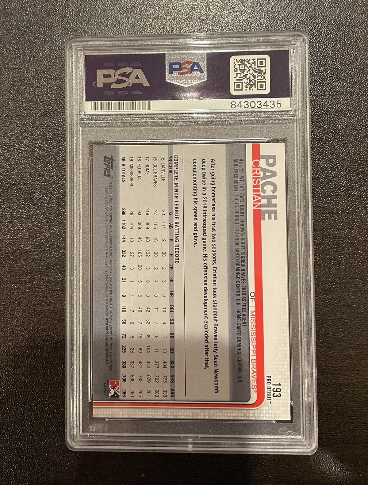 Cristian Pache Atlanta Braves 2019 Topps 193 Auto PSA 10
