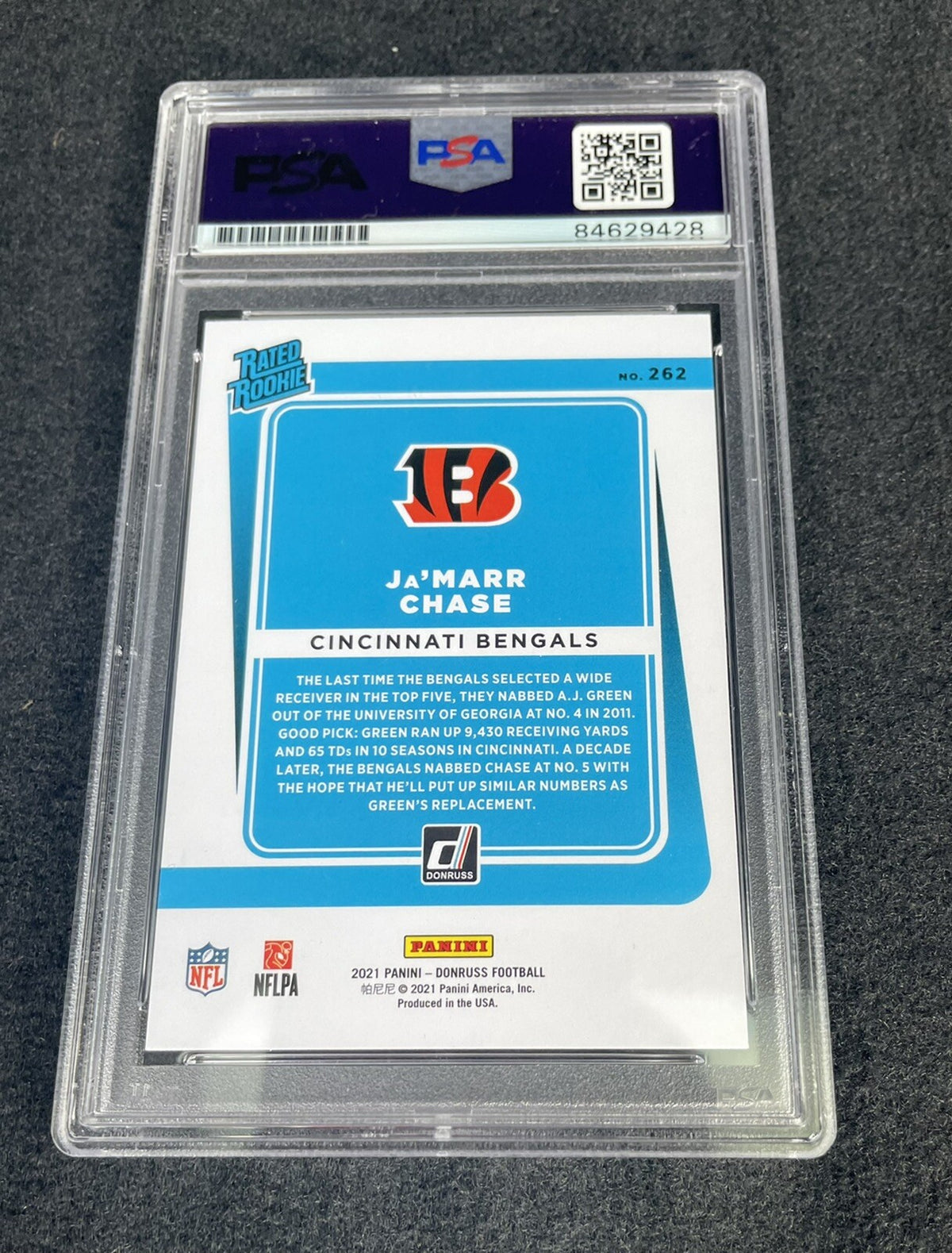 Ja’marr Chase Donruss #262 Football Card Signed PSA 10 “NFL ROY” Blue Proof