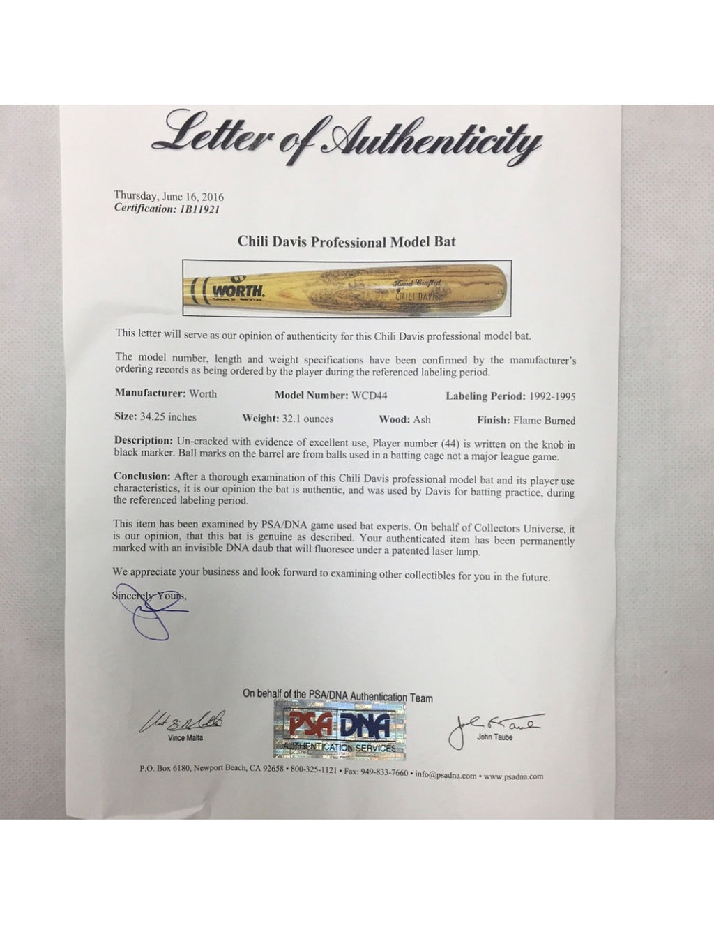 Chili Davis California Angels Game Used Un-Cracked Bat 1992-1995 PSA/DNA LOA