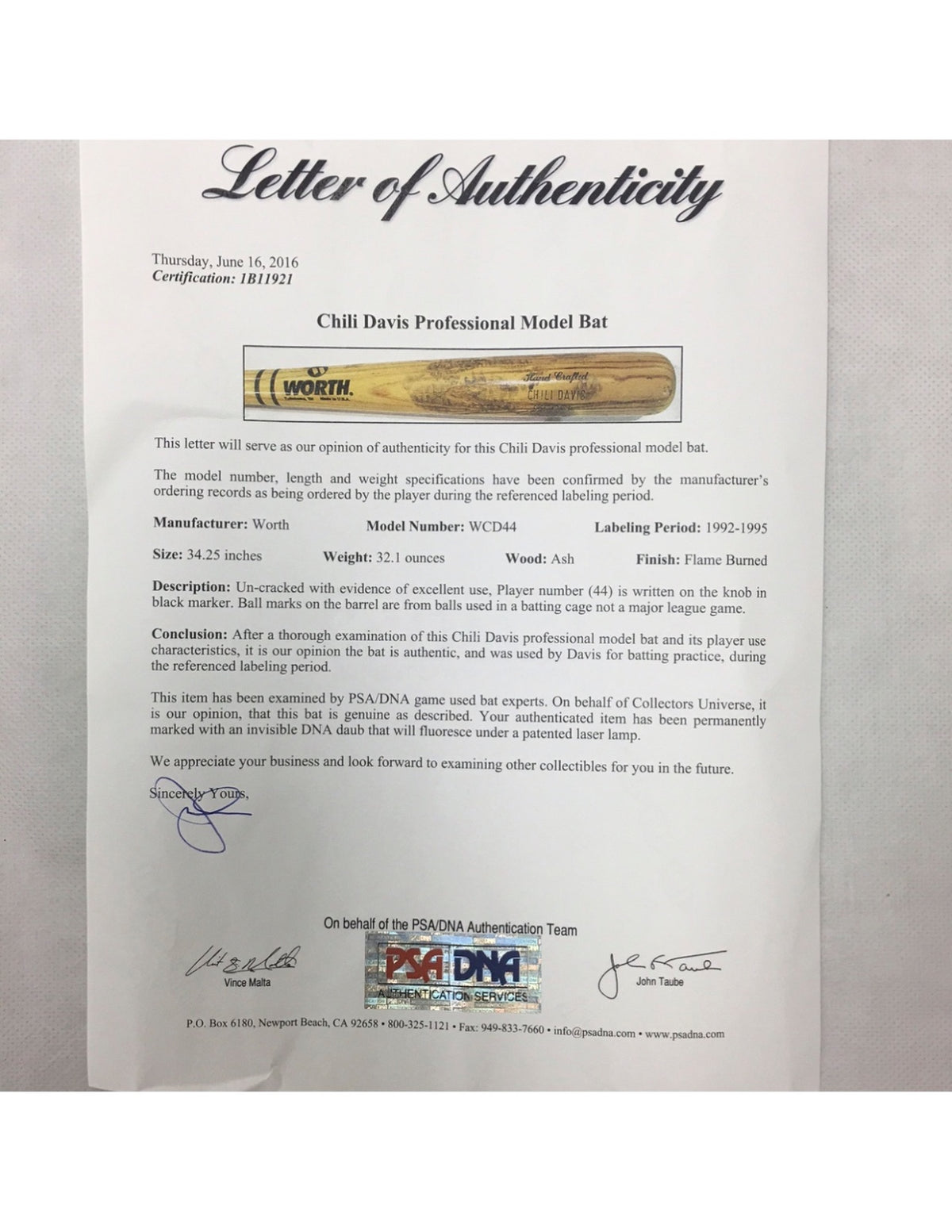 Chili Davis California Angels Game Used Un-Cracked Bat 1992-1995 PSA/DNA LOA
