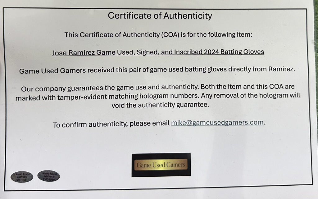 Jose Ramirez Cleveland Guardians Game Used Custom BG’s Signed 2024 GUG LOA