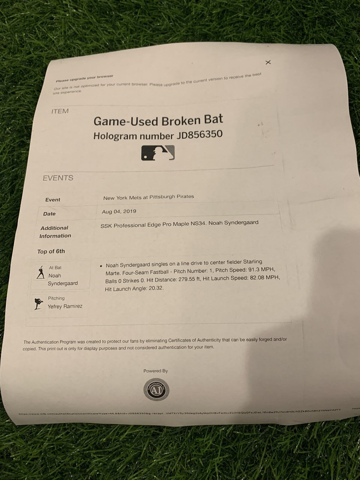 Noah Syndergaard New York Mets Game Used Bat 2019 MLB Auth Excellent Use
