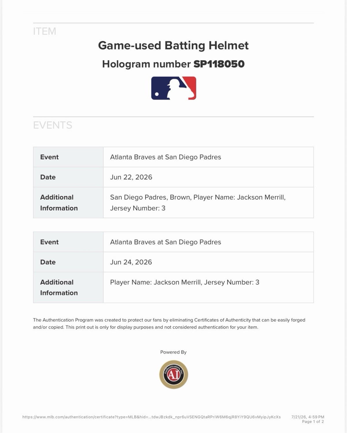 Jackson Merrill San Diego Padres Game Used Helmet 2026 MLB Auth