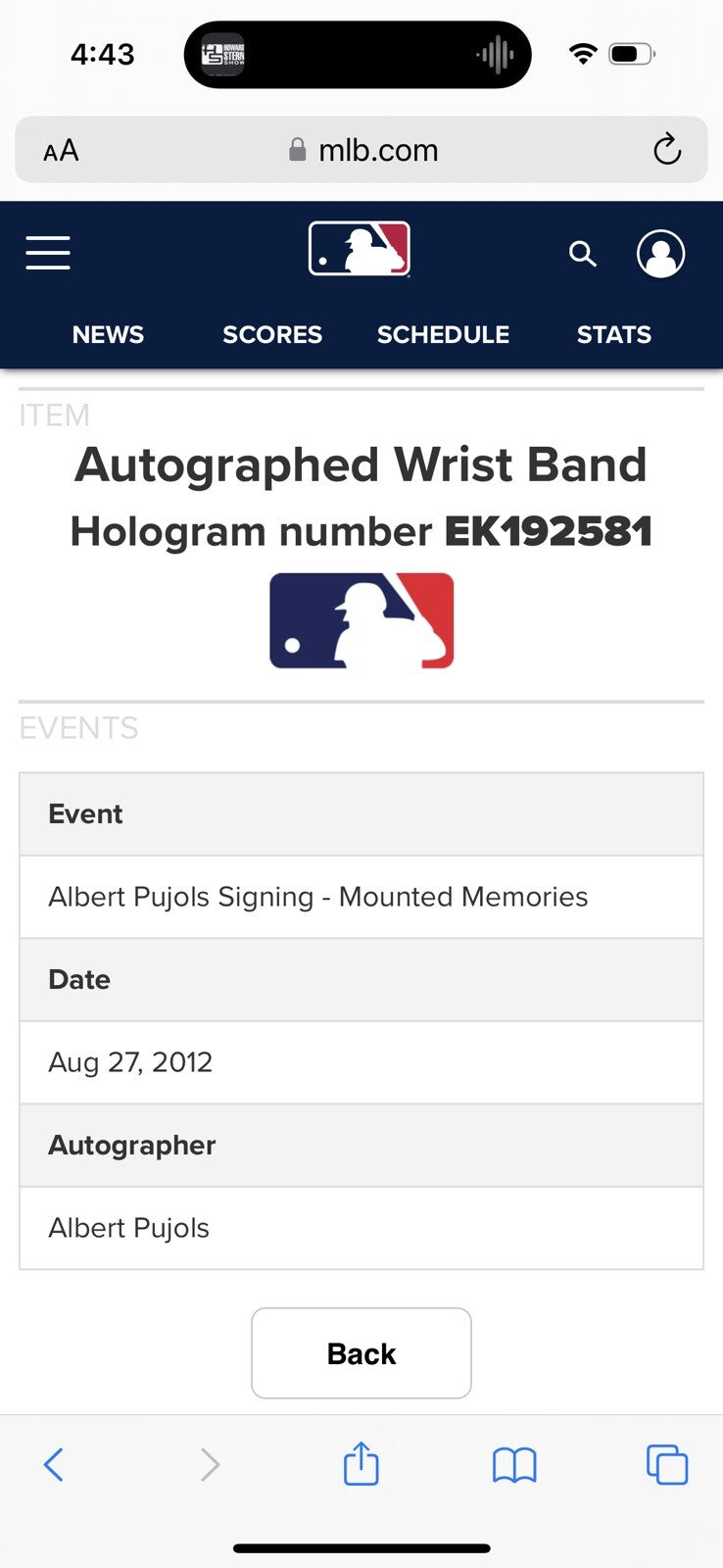 Albert Pujols Game Used Wrist Band 2012 MLB Auth Signed Auto MLB Auth