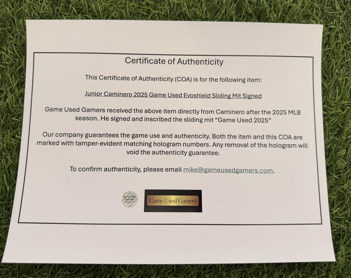 Junior Caminero Game-Used & Signed Inscribed Sliding Mit – 2025 GUG LOA