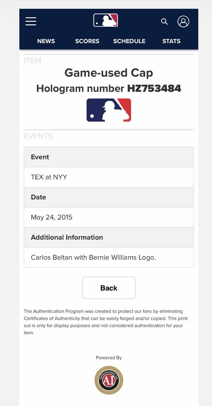 Carlos Beltran NY Yankees Game Used Hat 2015 MLB Auth