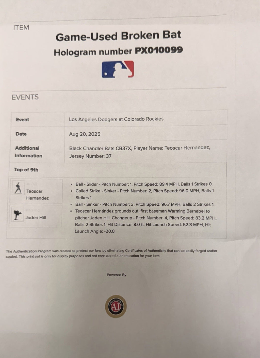 Teoscar Hernandez 2025 Dodgers Game Used Bat Signed 213th HR MLB Auth GUG LOA