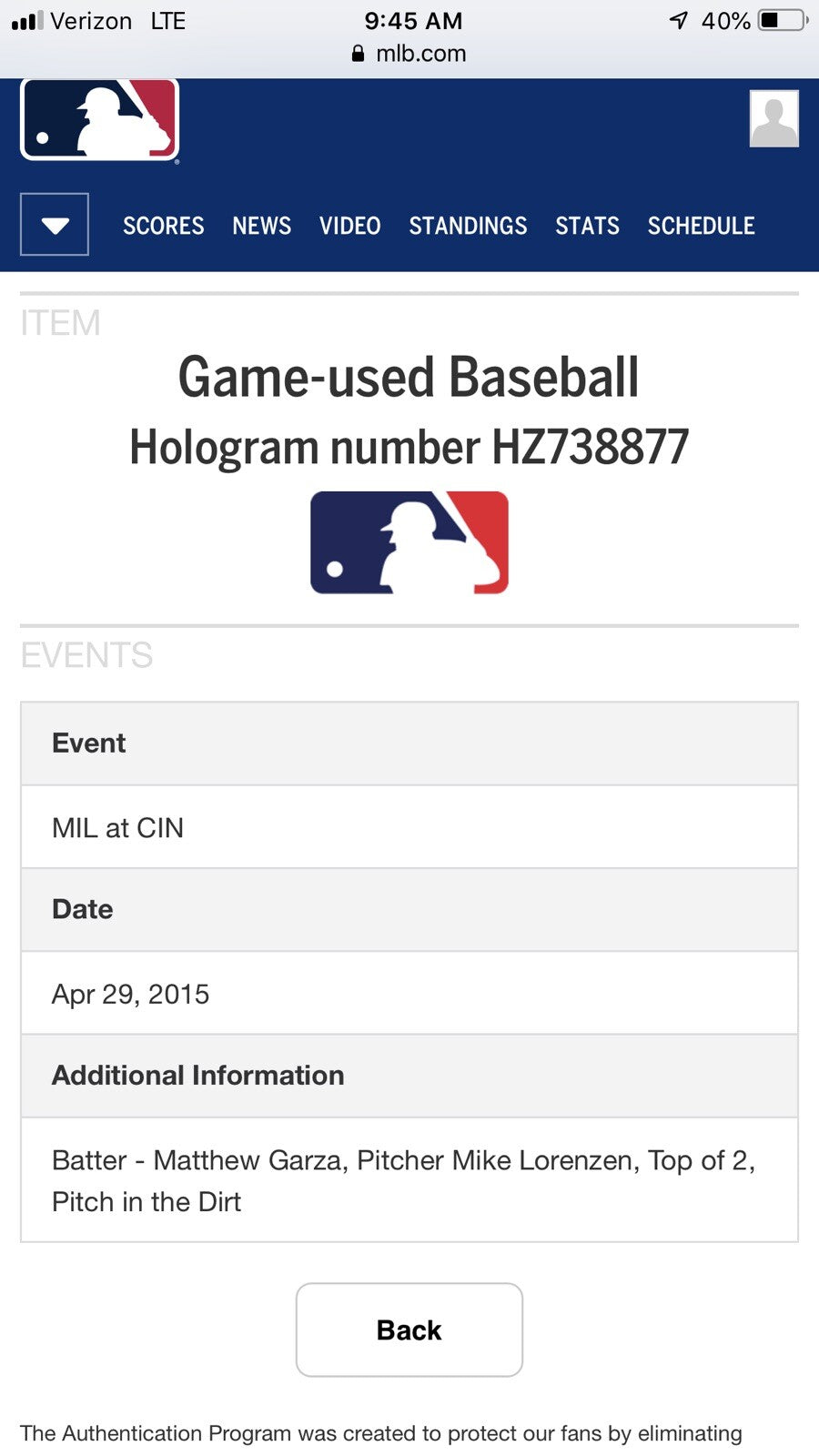 Michael Lorenzen Cincinnati Reds Game Used Baseball MLB Debut MLB Auth