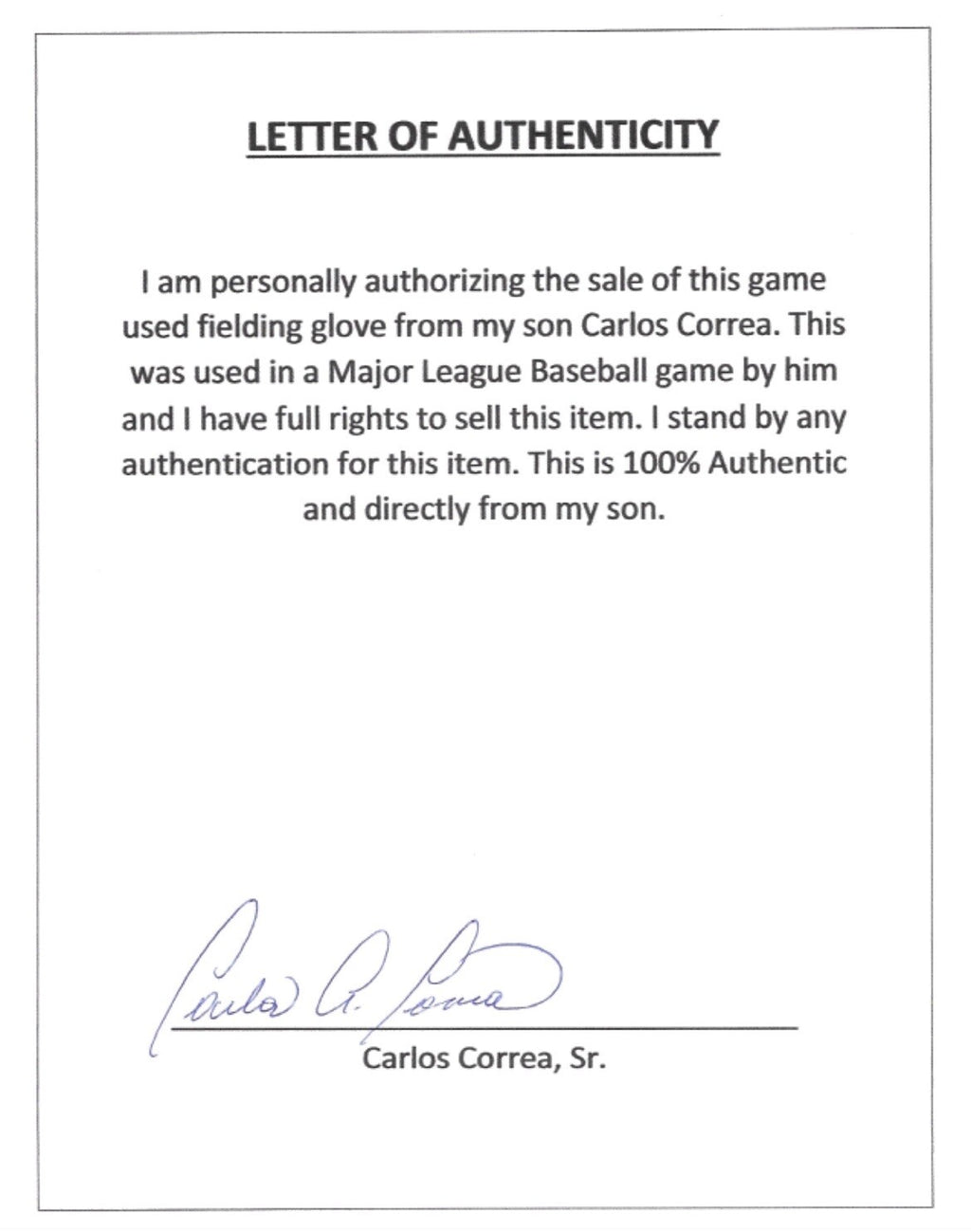 Carlos Correa Houston Astros Game Used Worn Fielding Glove Signed LOA