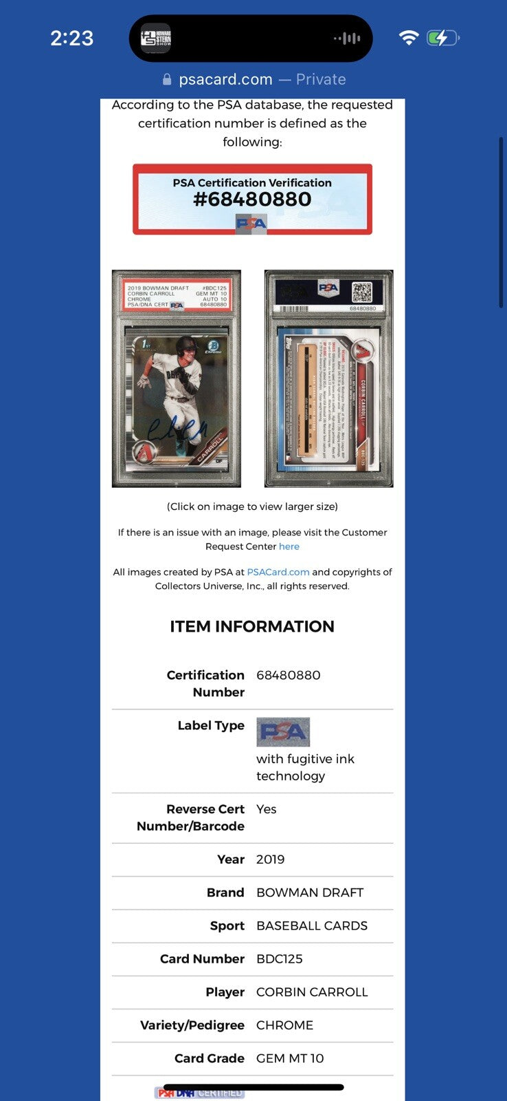 Corbin Carroll 2019 1st Bowman Chrome Draft #BDC-125 PSA/DNA 10 Auto 10