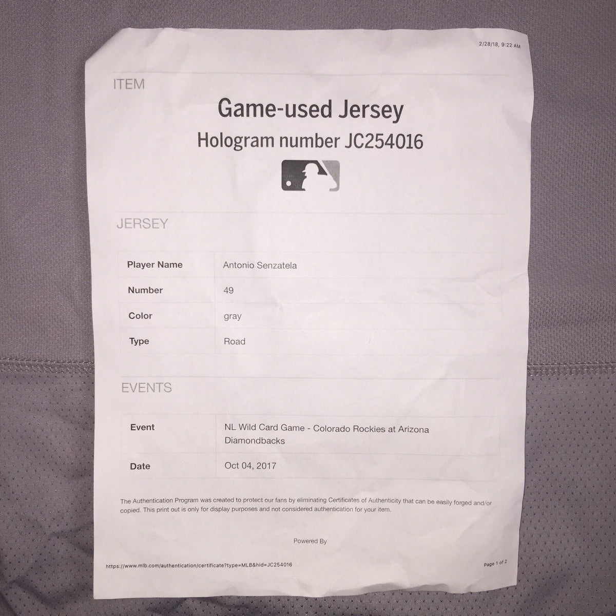 Antonio Senzatela Colorado Rockies Game Used Worn Jersey 2017 Playoffs MLB Auth