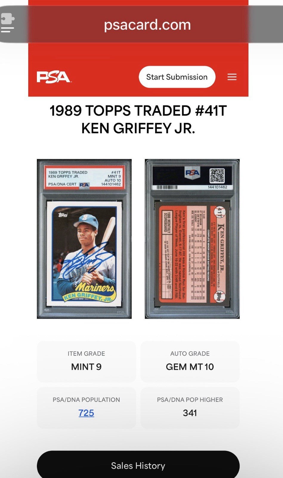 Ken Griffey Jr. 1989 Topps Traded #41T Signed Rookie Baseball Card PSA 9/10 Auto