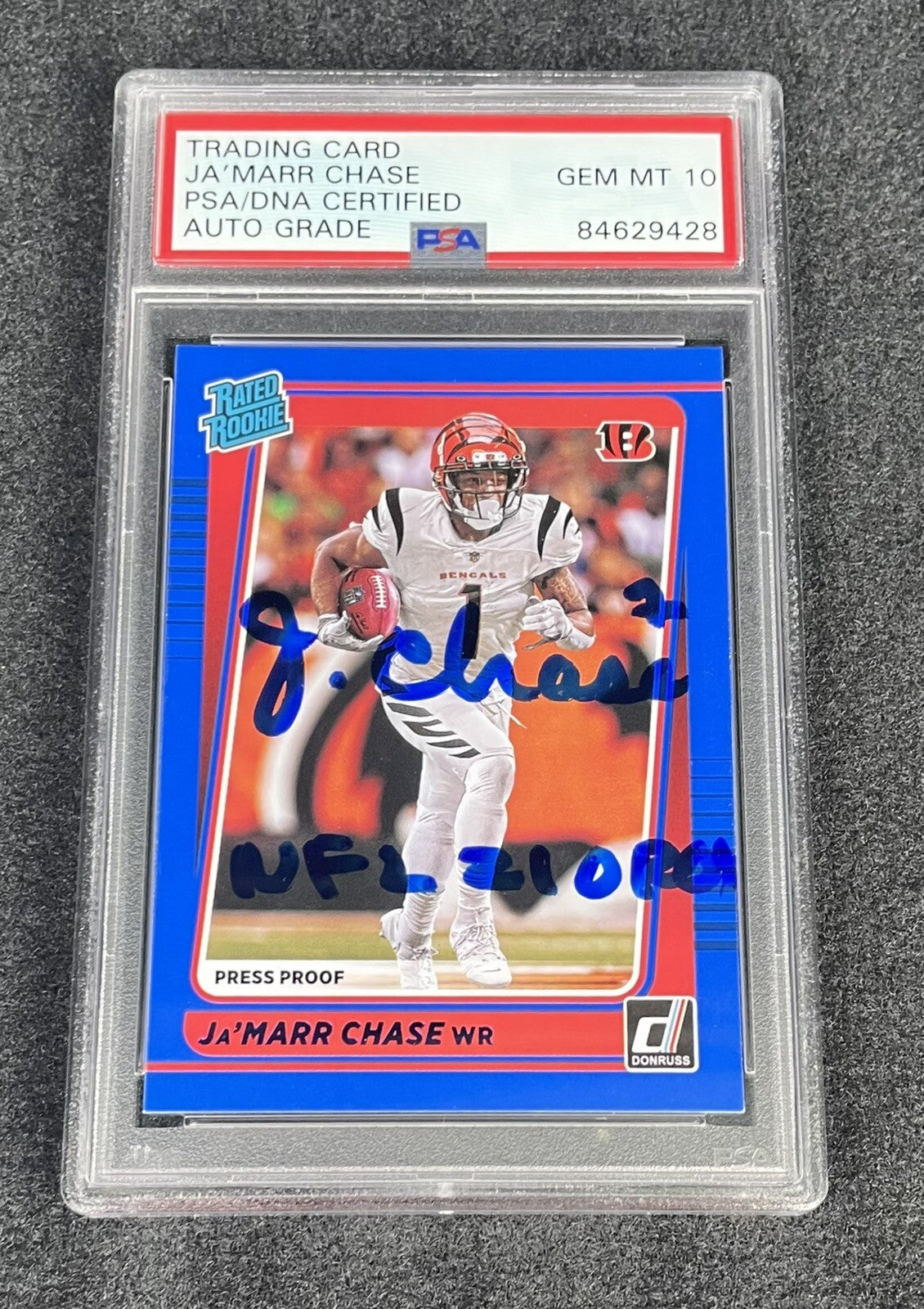 Ja’marr Chase Donruss #262 Football Card Signed PSA 10 “NFL ROY” Blue Proof