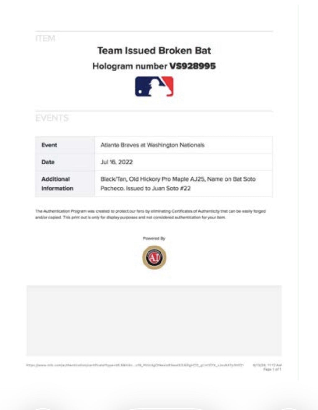 Juan Soto Game Used Bat 2022 Career HR’s #116 #117 MLB Auth Photo Matched