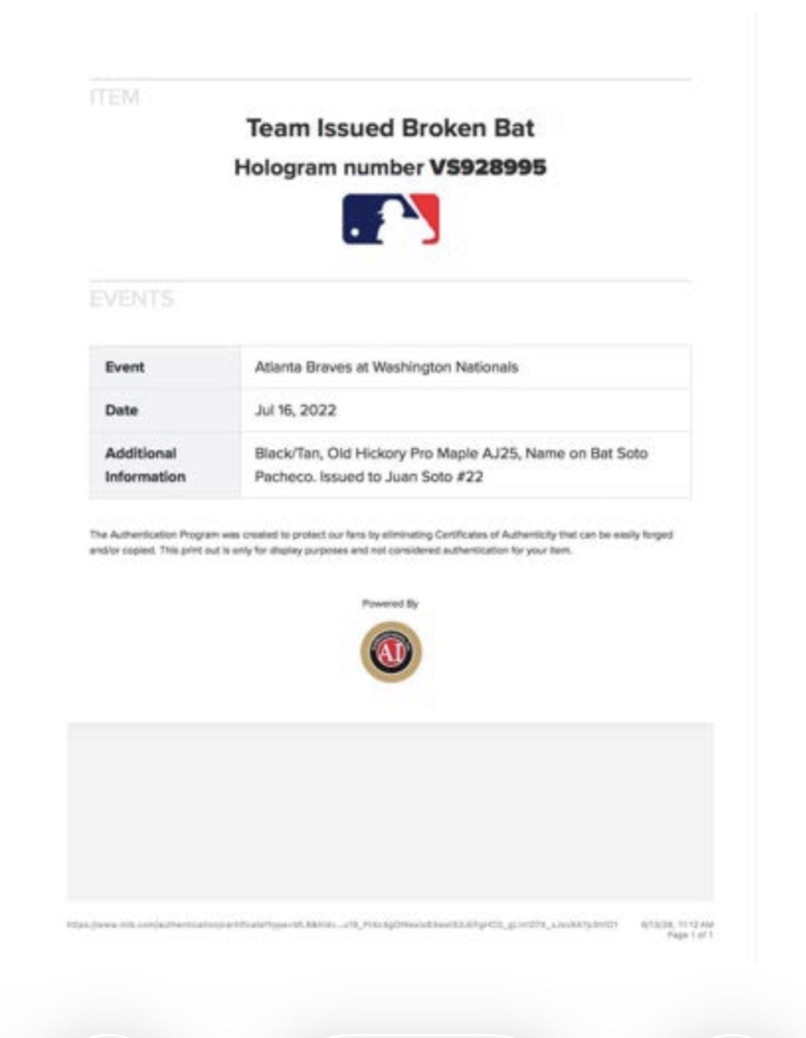 Juan Soto Game Used Bat 2022 Career HR’s #116 #117 MLB Auth Photo Matched
