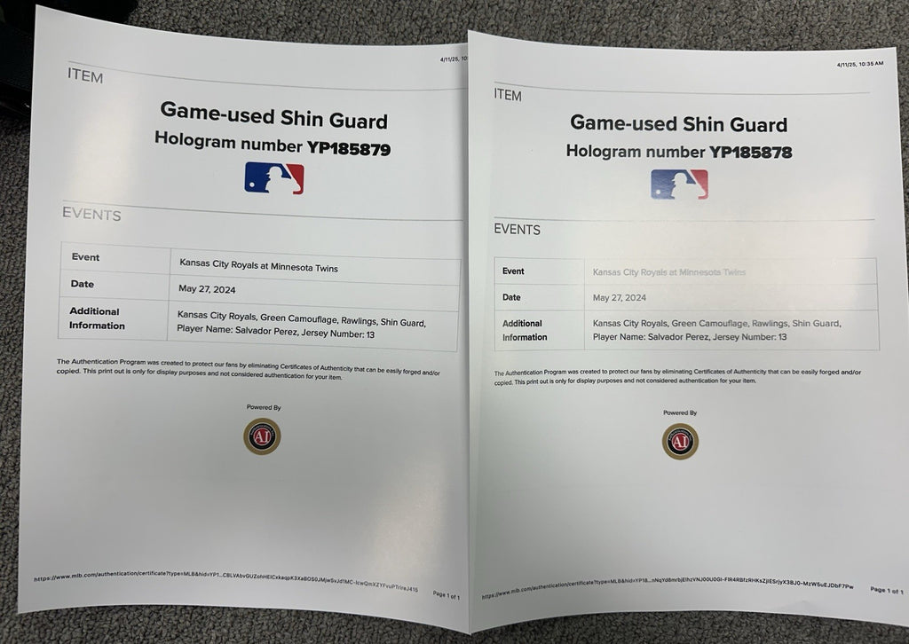 Salvador Perez Rawlings Game Used Shin Guards 2024 Memorial Day MLB Auth Signed