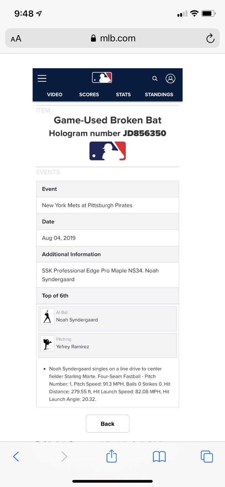 Noah Syndergaard New York Mets Game Used Bat 2019 MLB Auth “Single”