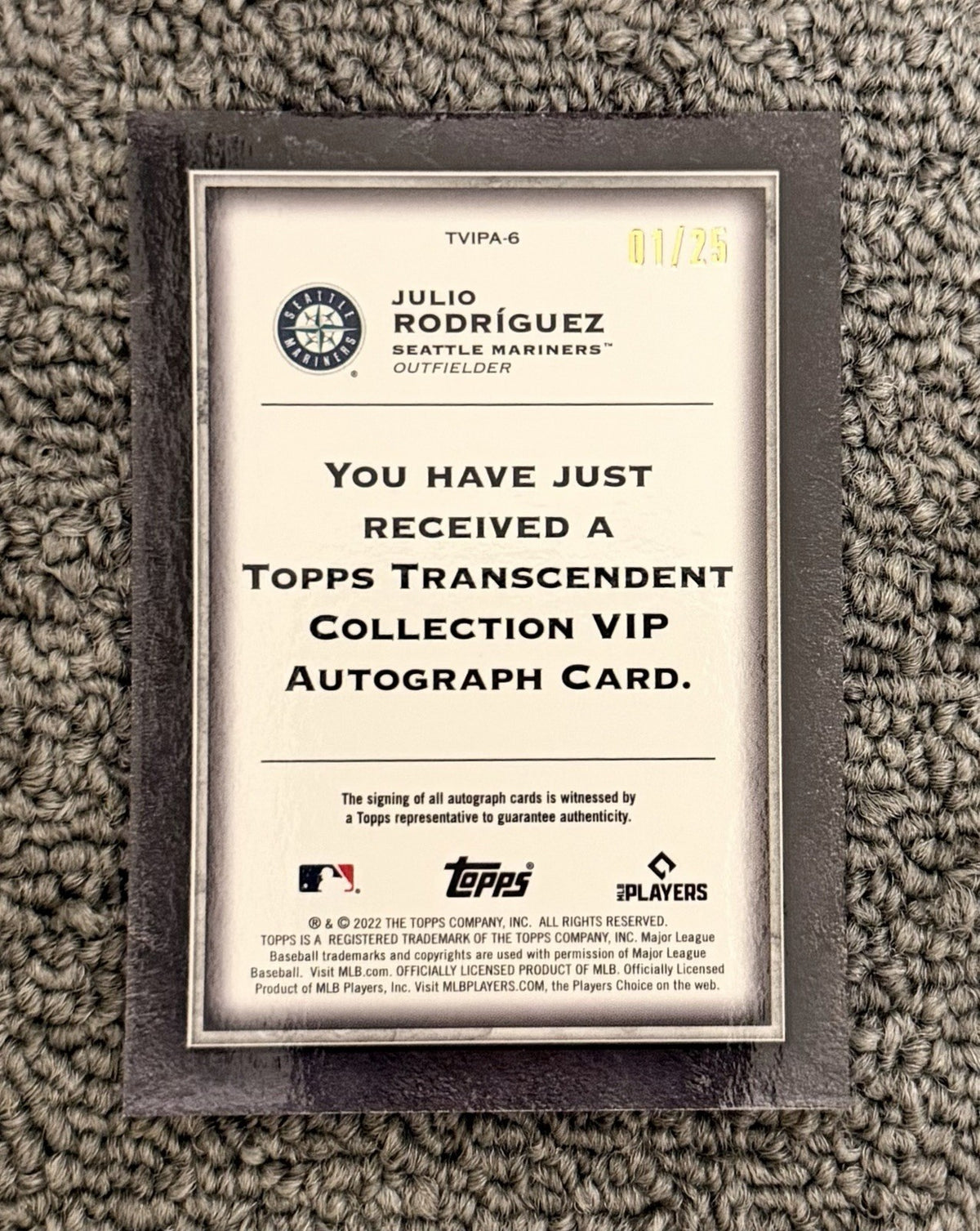 Julio Rodriguez Topps Transcendent 2022  Baseball Card TVIPA-6 Signed #’ed 1/25