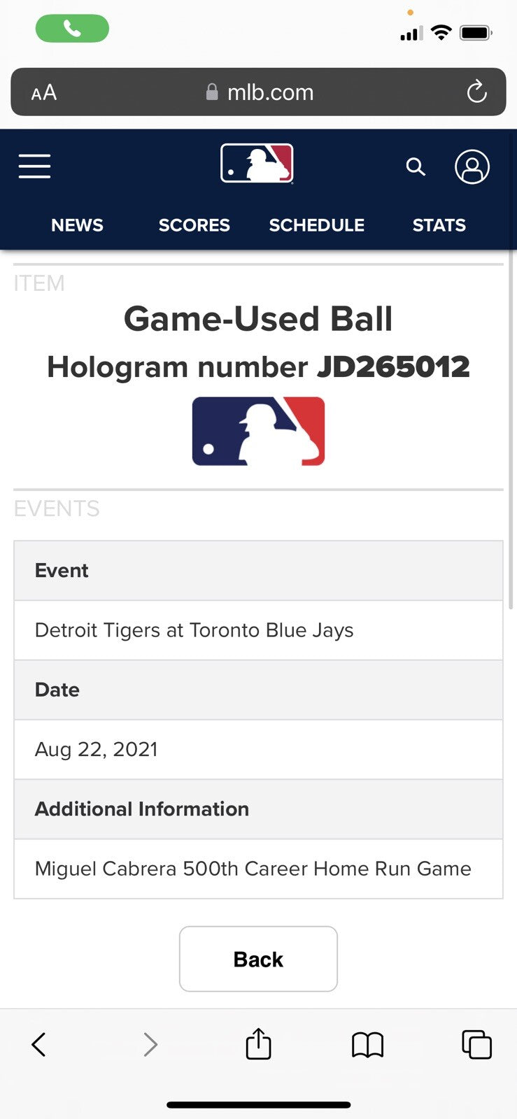 Miguel Cabrera Detroit Tigers Game Used Baseball “500th HR Game” MLB Auto LOA