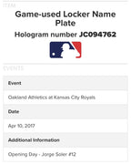 Jorge Soler Game Used Locker Room Name Plate “Opening Day 2017”