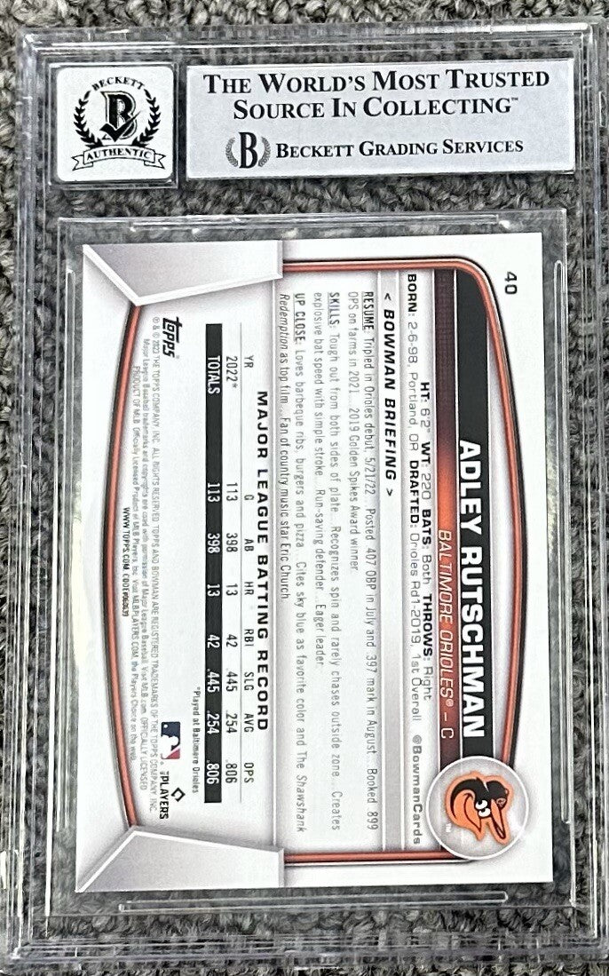 Adley Rutschman 2023 Bowman Rookie Card #40 Signed BGS 10 (Beckett) Auto