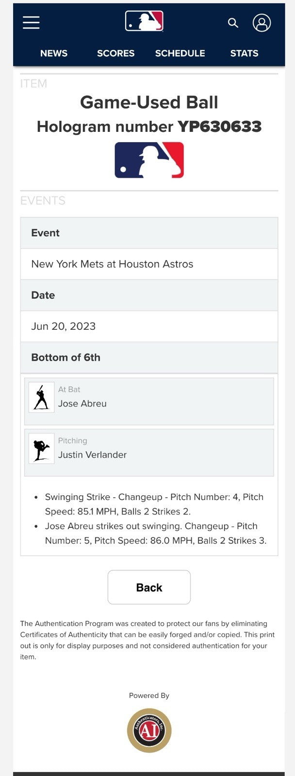 Justin Verlander Houston Astros Game Used Baseball Career # 3385 K MLB Auth 2023