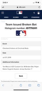 Eugenio Suarez Cincinnati Reds Game Used Bat 2019 “MLB Auth Matched Hit”