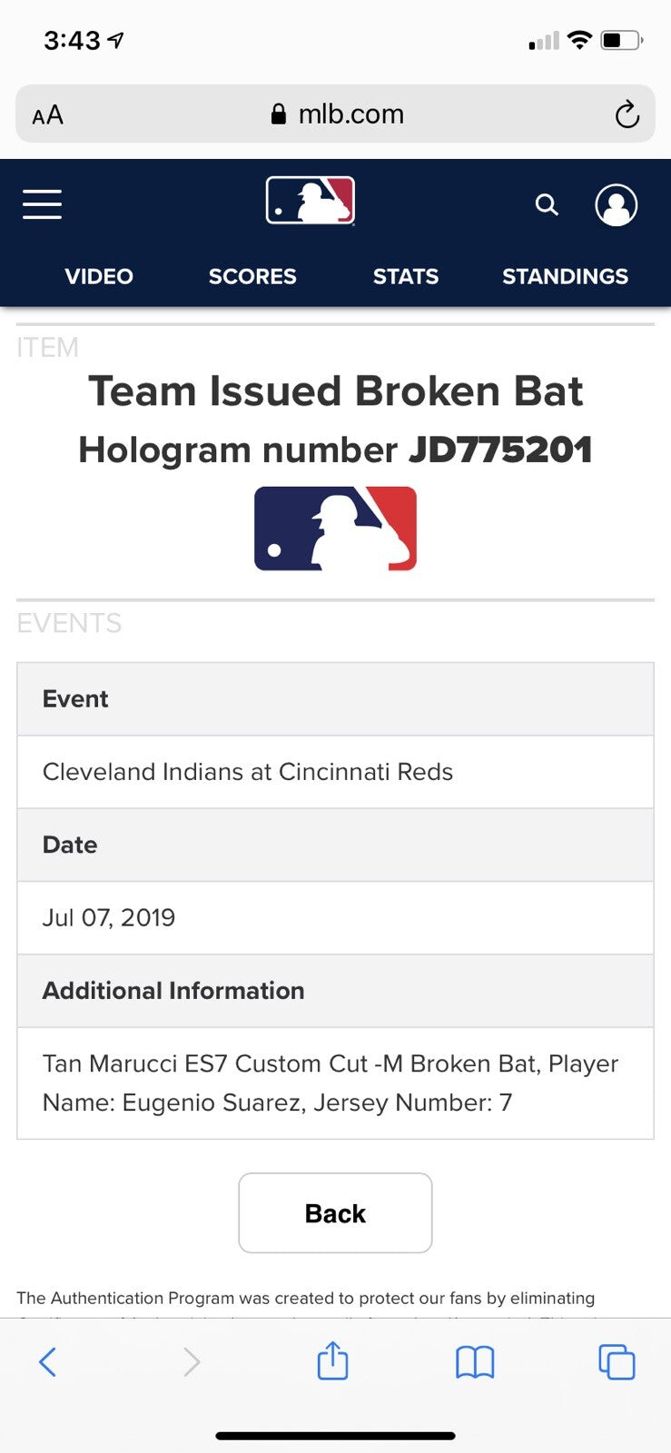 Eugenio Suarez Cincinnati Reds Game Used Bat 2019 “MLB Auth Matched Hit”