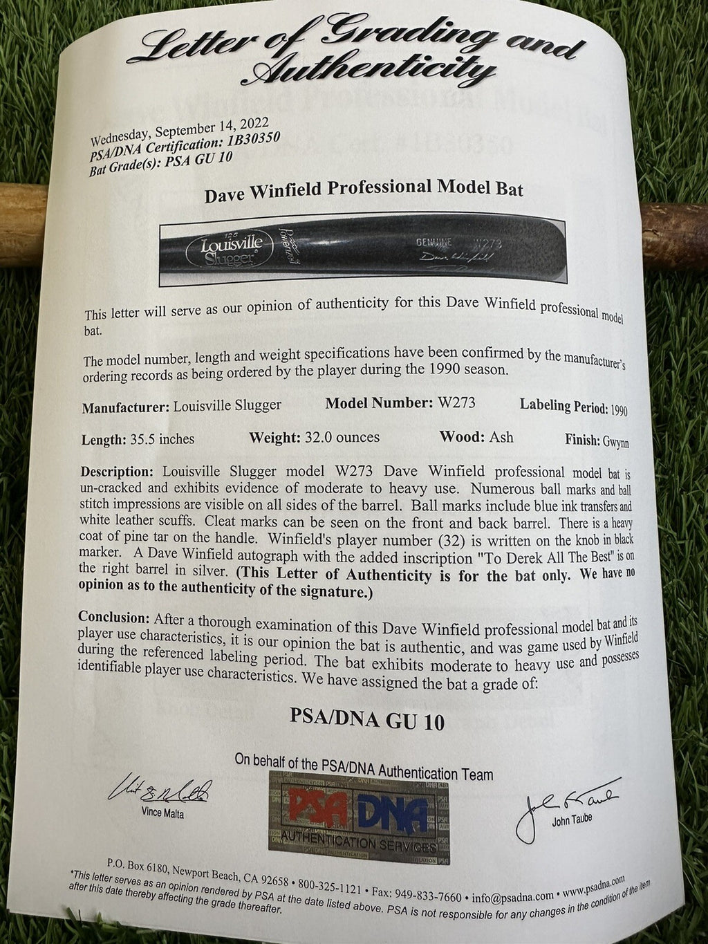 Dave Winfield Game Used Bat Signed 1990 PSA / DNA GU 10