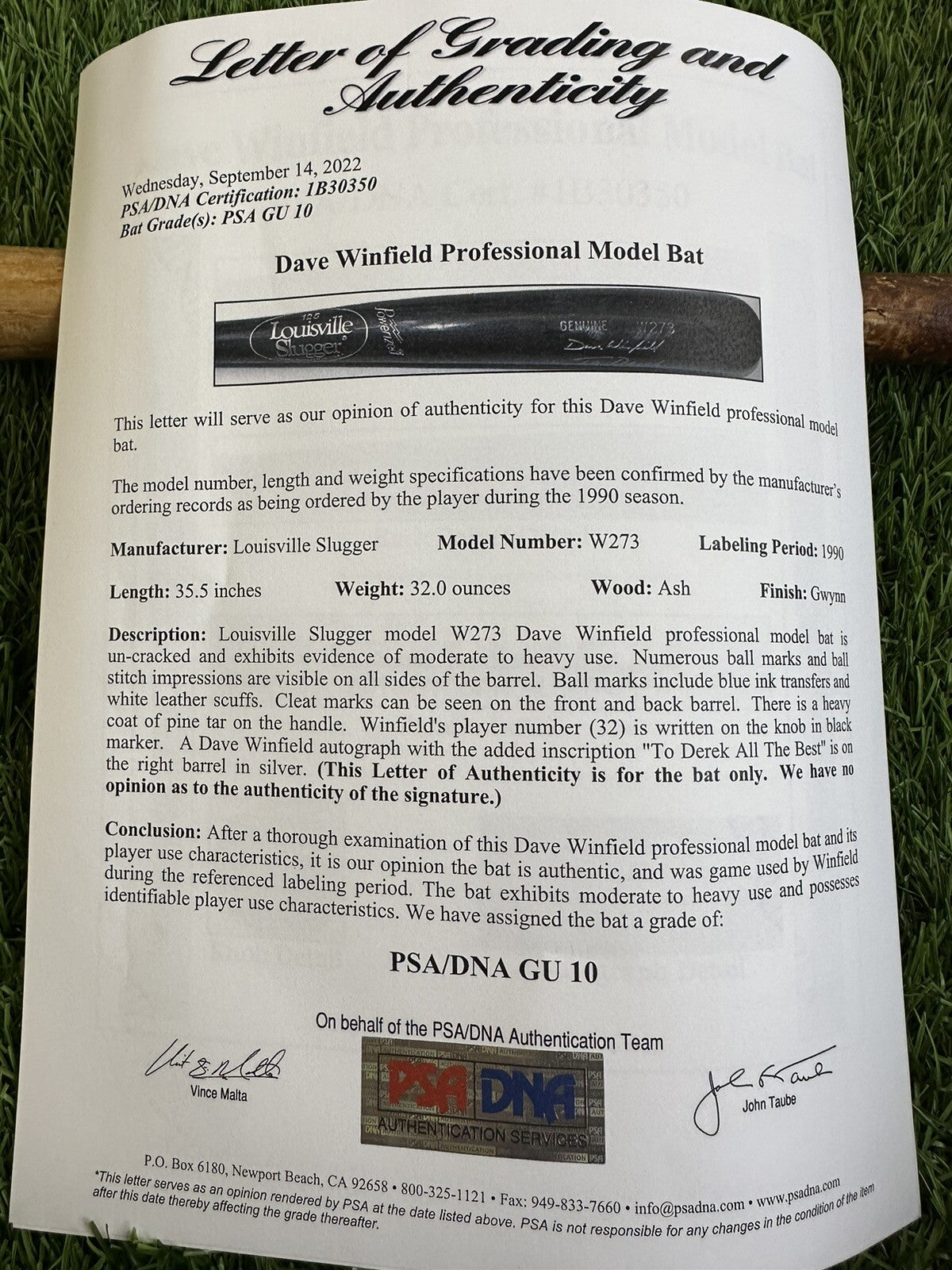 Dave Winfield Game Used Bat Signed 1990 PSA / DNA GU 10