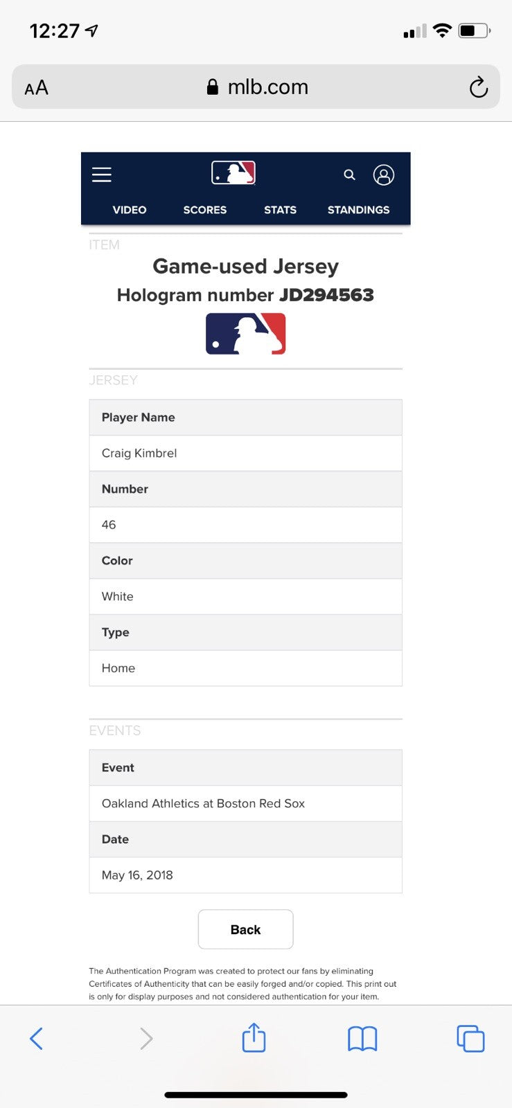 Craig Kimbrel Boston Red Sox Game Used Worn Jersey “2018 Save”