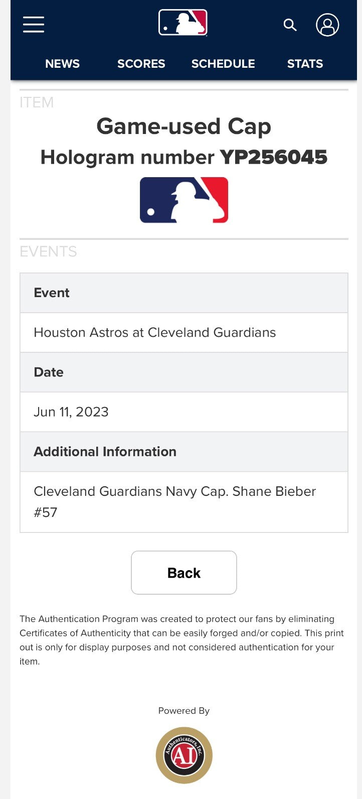 Shane Bieber Cleveland Guardians Game Used Hat 2023 5th Win MLB Auth LOA