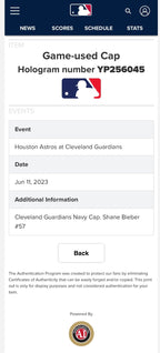 Shane Bieber Cleveland Guardians Game Used Hat 2023 5th Win MLB Auth LOA