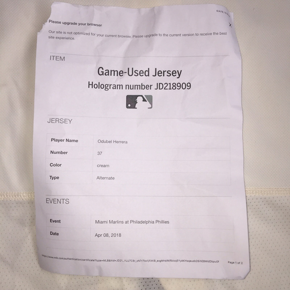 Odubel Herrera Philadelphia Phillies Game Used Worn Jersey MLB Auth