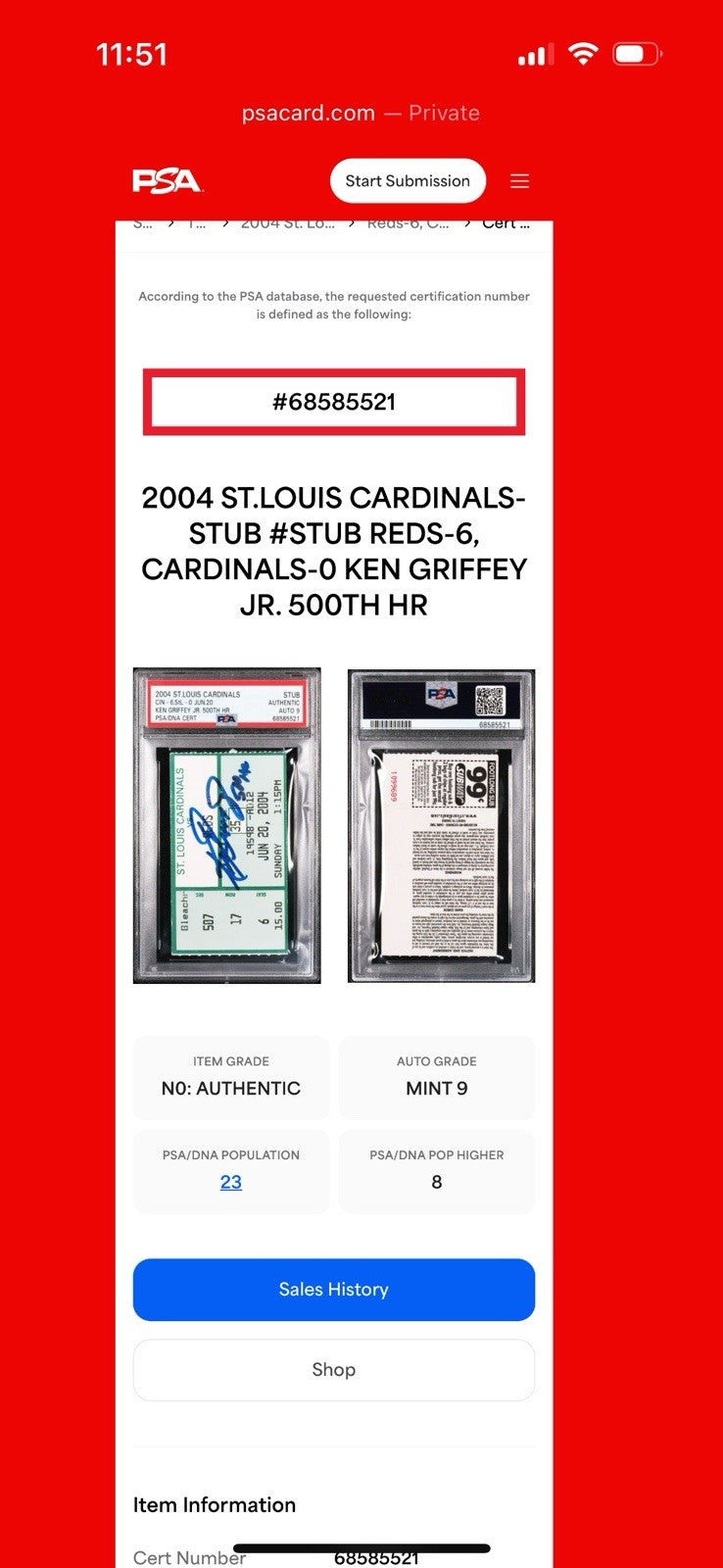 Ken Griffey Jr. Signed 500th Career Home Run Ticket Stub 6/20/04 PSA 9 Auto