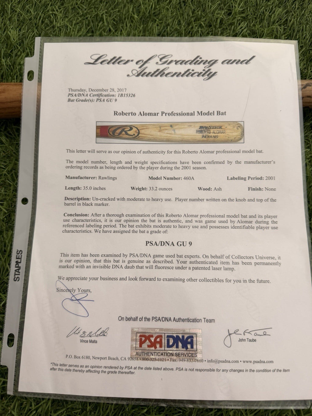 Roberto Alomar Game-Used Bat – Cleveland Indians – 2001 PSA GU 9