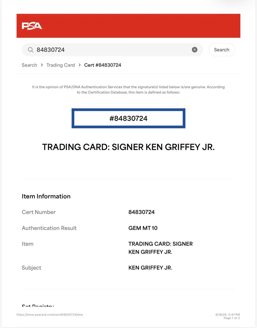Ken Griffey Jr. 1989 Fleer #548 Rookie “3 Bullet Holes Error” PSA/DNA 10 Auto
