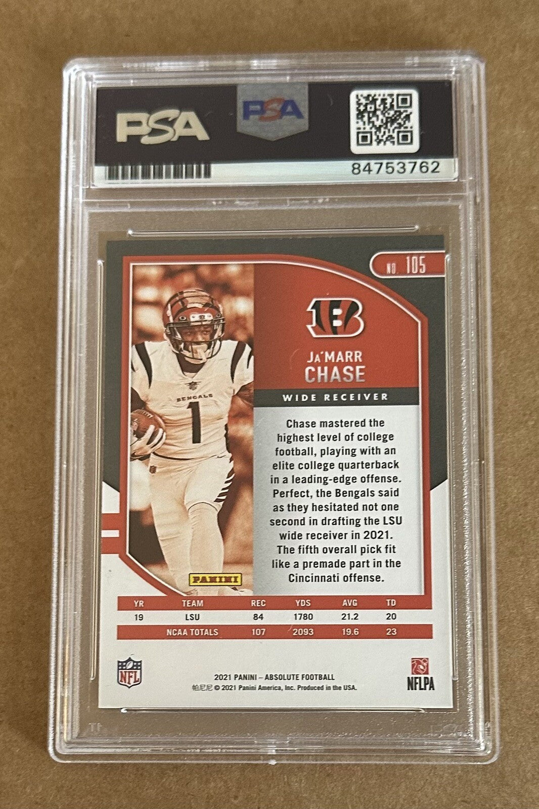 Jamarr Chase Panini #105 Rookie Card Signed Witnessed Auto PSA 10 2021