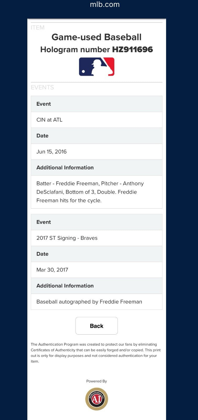 Freddie Freeman Game Used Baseball “Double 6/15/16 - Hit For Cycle” MLB Auth