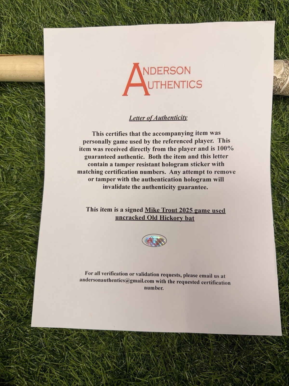 Mike Trout LA Angels Game Used Bat Signed 2025  Anderson LOA Matched