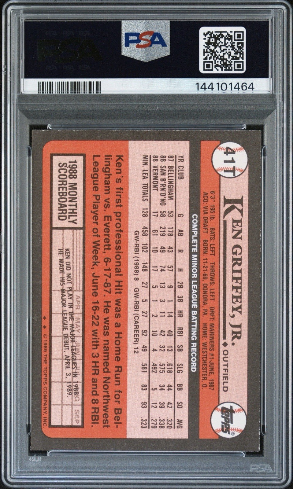 Ken Griffey Jr. 1989 Topps Traded #41T Signed Rookie Baseball Card PSA/DNA 9/10