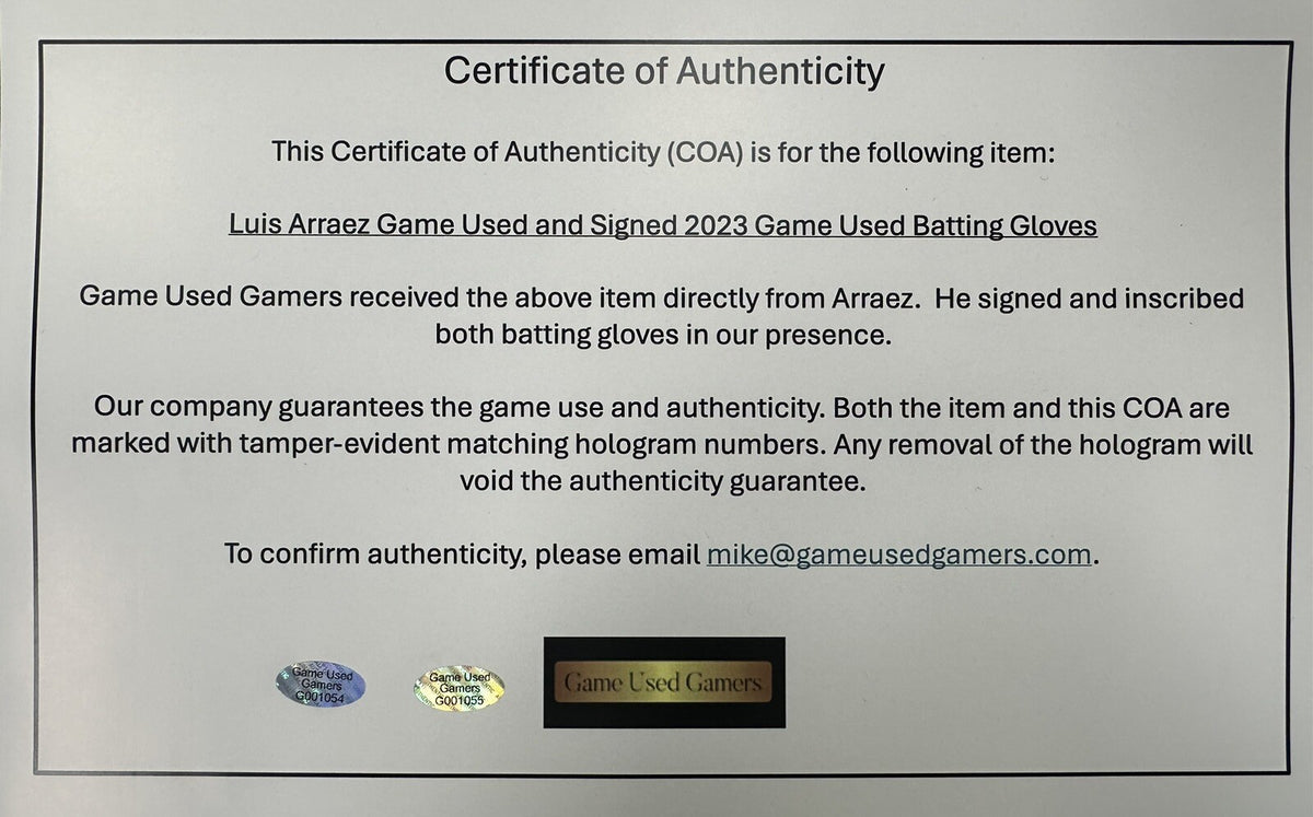 Luis Arraez Game Used Batting Gloves 2023 Miami Marlins Signed GUG LOA