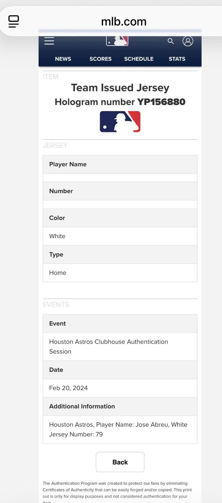 Jose Abreu Houston Astros Game Issued Jersey 2023 MLB Auth LOA