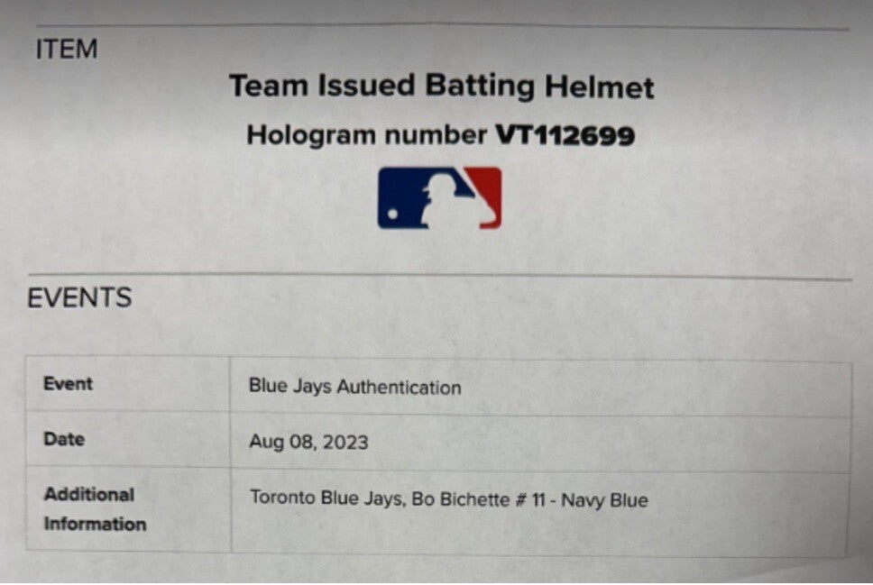 Bo Bichette Toronto Blue Jays Game Used Helmet 1st Career Grand Slam MLB Auth