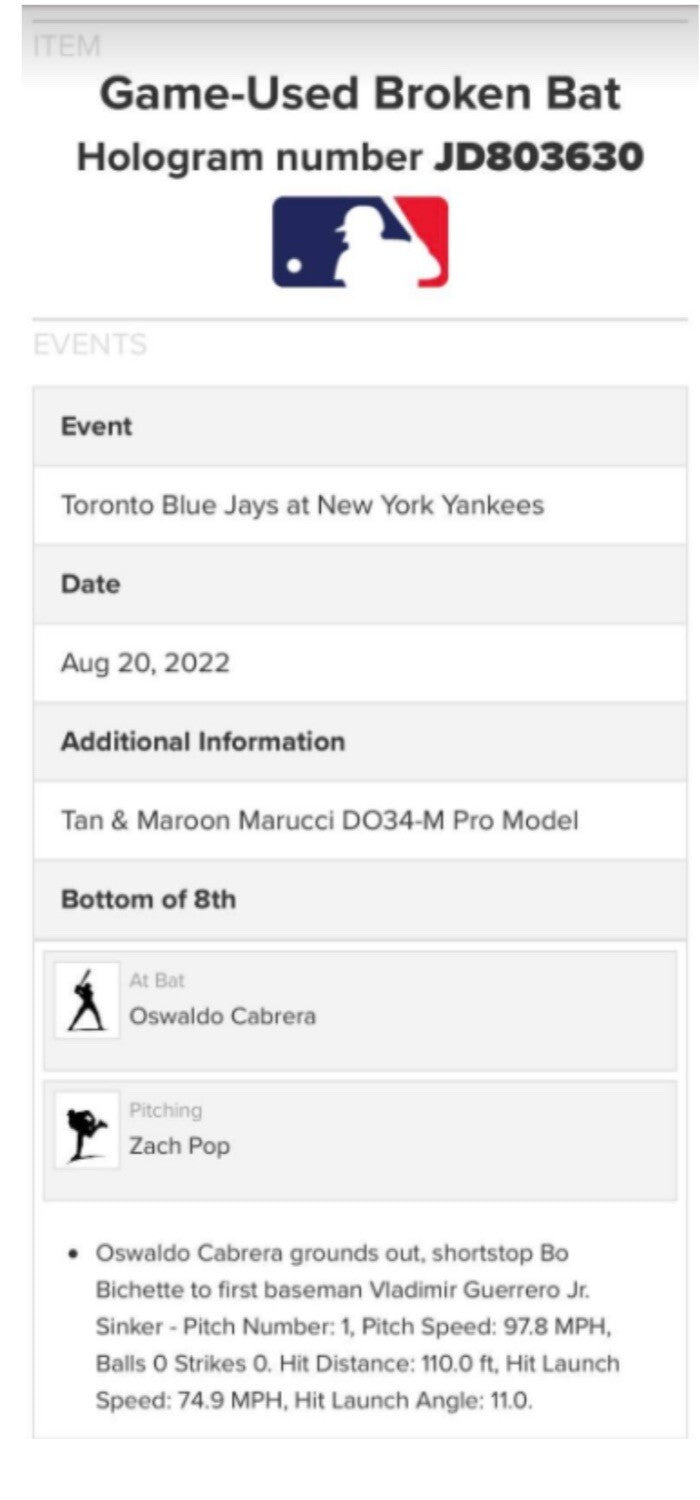 Oswaldo Cabrera NY Yankees Game Used Bat MLB Debut Hits # 1, 2, 3 MLB Auth