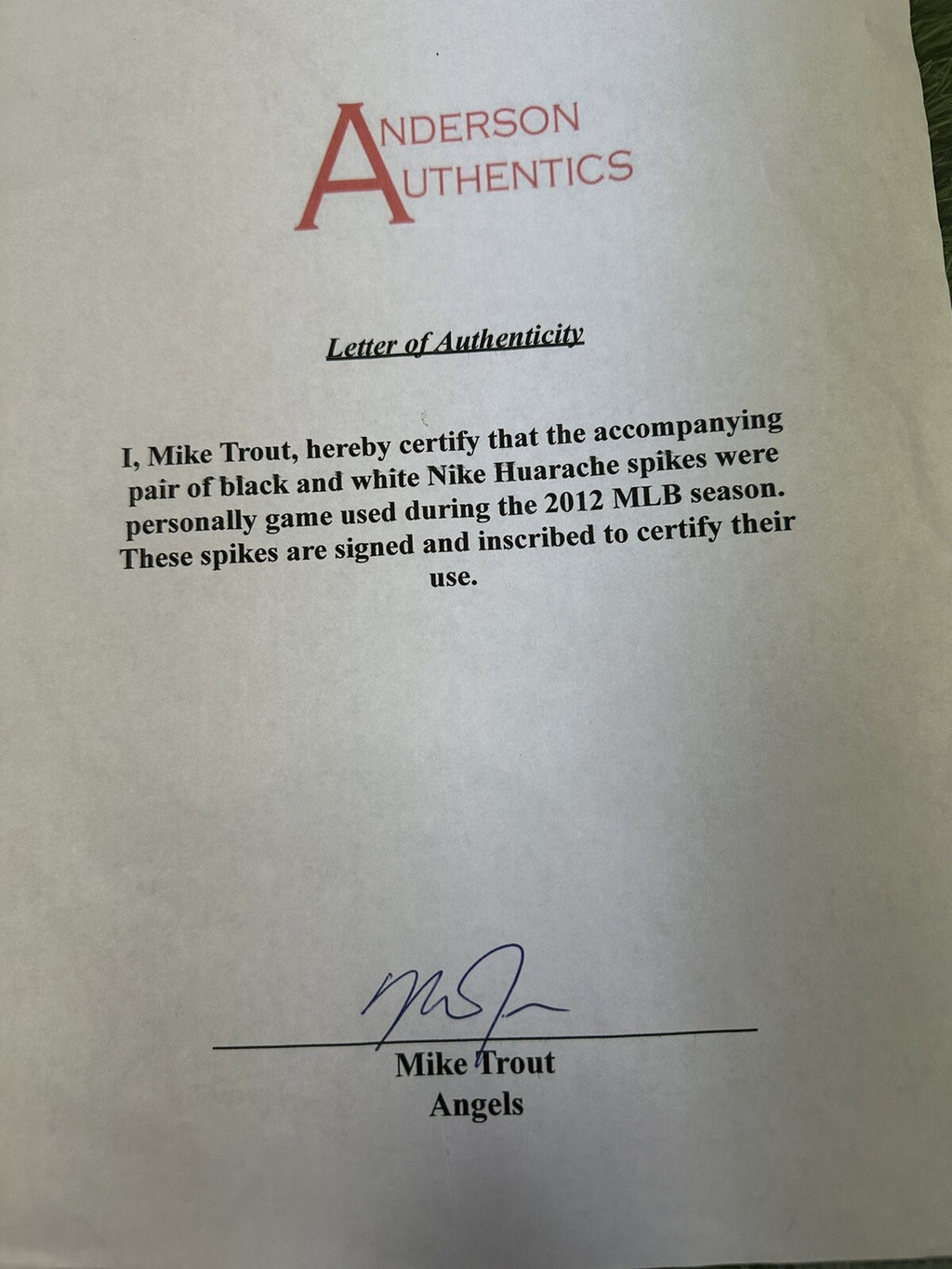 Mike Trout Game Used Worn Cleats 2012 Rookie Season Signed Anderson Trout LOA