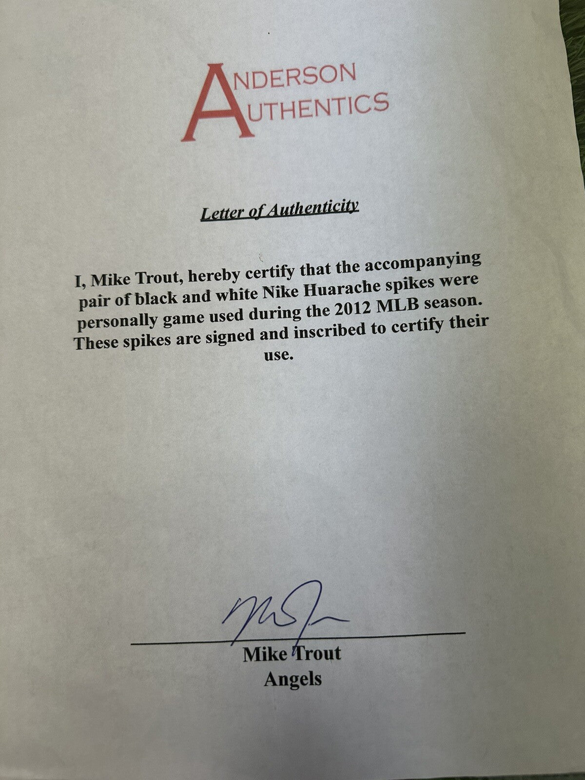 Mike Trout Game Used Worn Cleats 2012 Rookie Season Signed Anderson Trout LOA