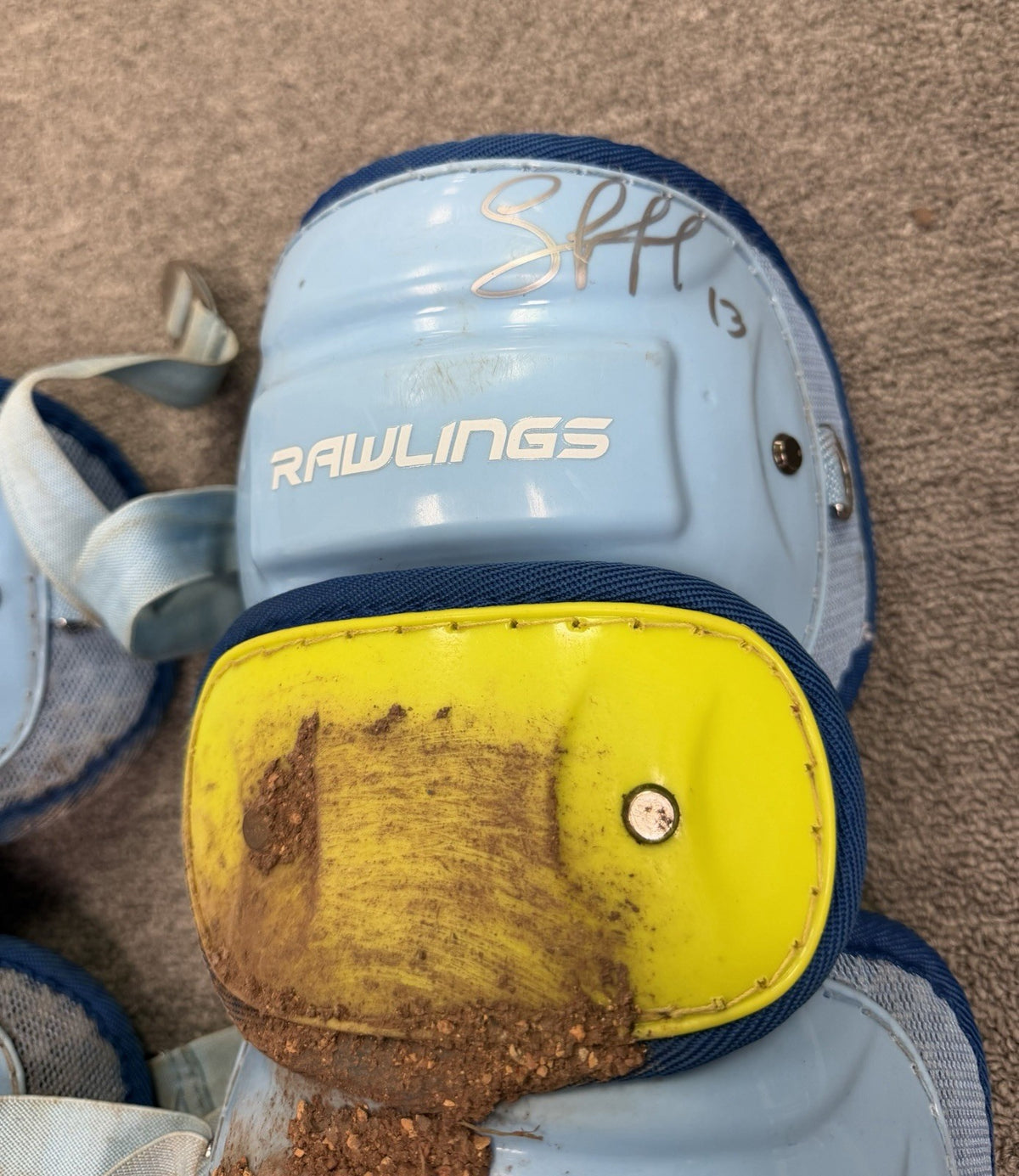 Salvador Perez Rawlings Game Used Shin Guards 2024 Heavy Dirt GUG LOA