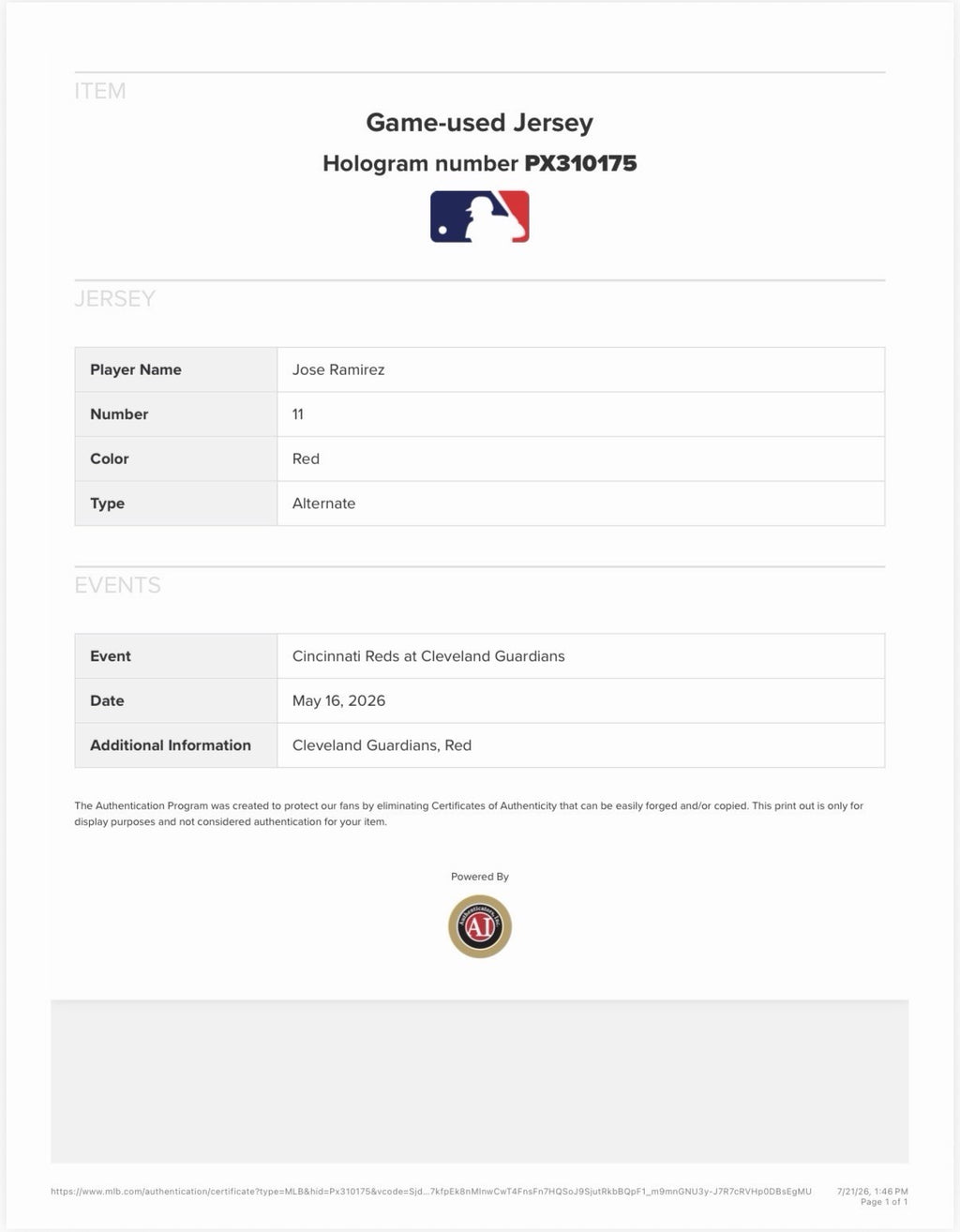 Jose Ramirez Cleveland Guardians Game Used Jersey 2026 EPIC Use Signed MLB Auth